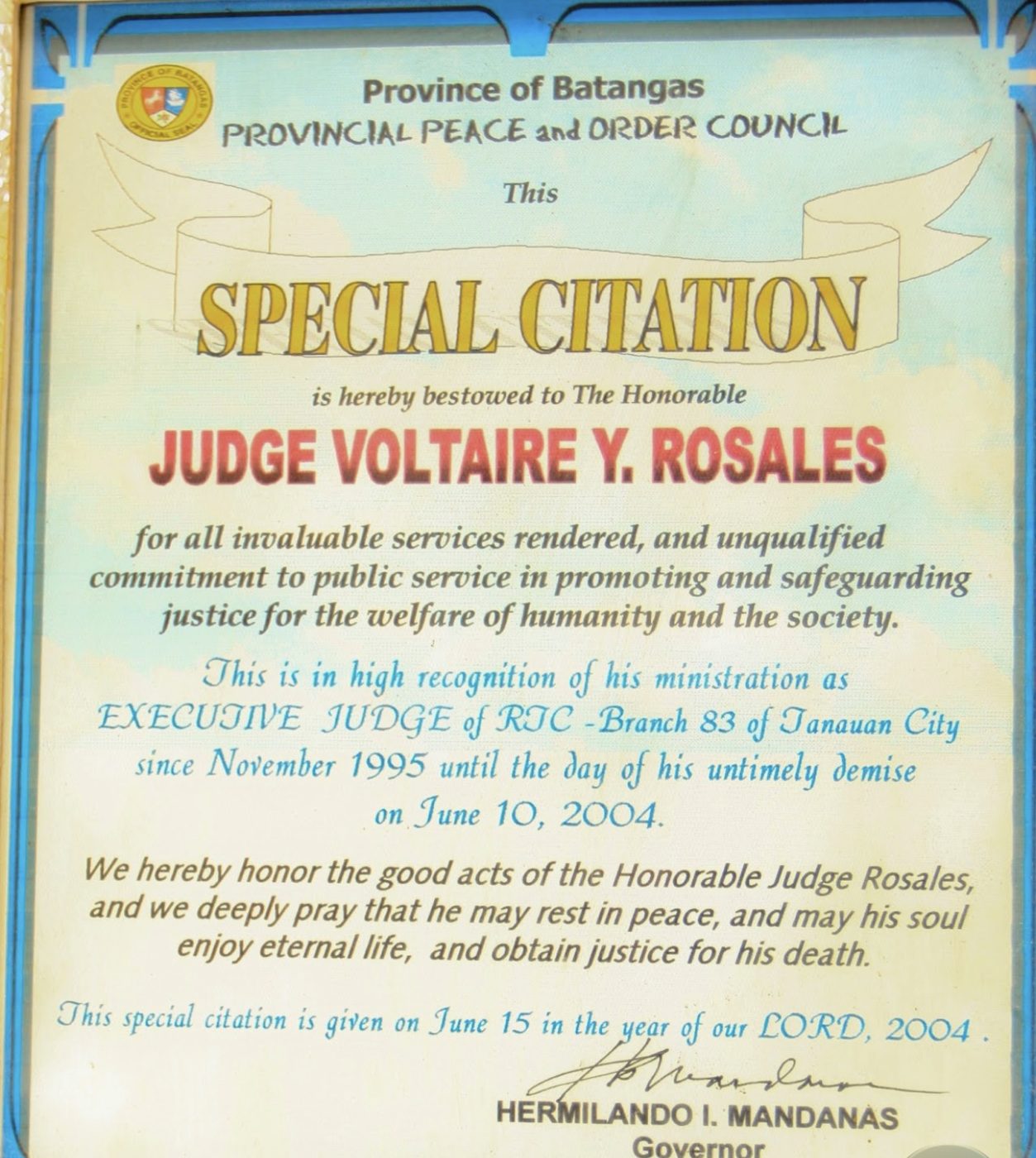 Special Citation from the Province of Batangas, June 15, 2004