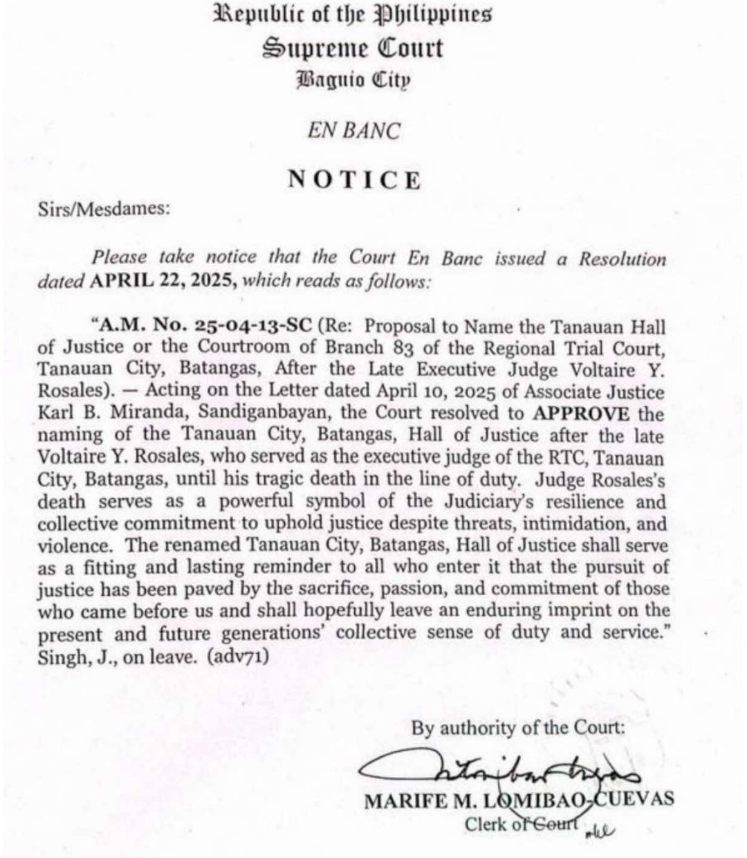 Supreme Court En Banc notice of A.M. No. 25-04-13-SC